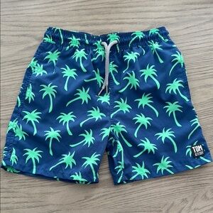 Boy (sz 7/8) Tom & Teddy Blue and Green Palm Tree Swim Shorts